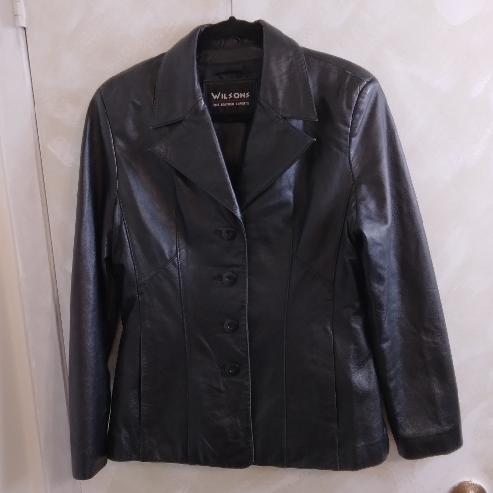 Size M Wilsons Leather Women's Coat Soft Black Collared Button Front